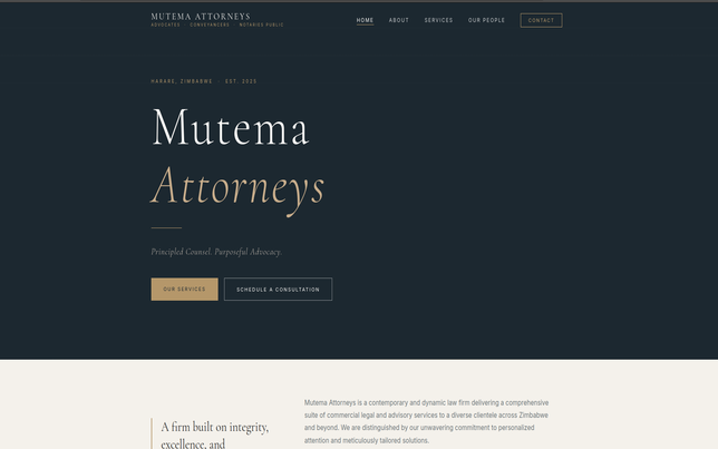 Mutema Attorneys homepage — clean, professional layout for a commercial law practice in Harare